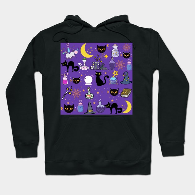 Black Cat Black Magic_Purple Background Hoodie by leBoosh-Designs
